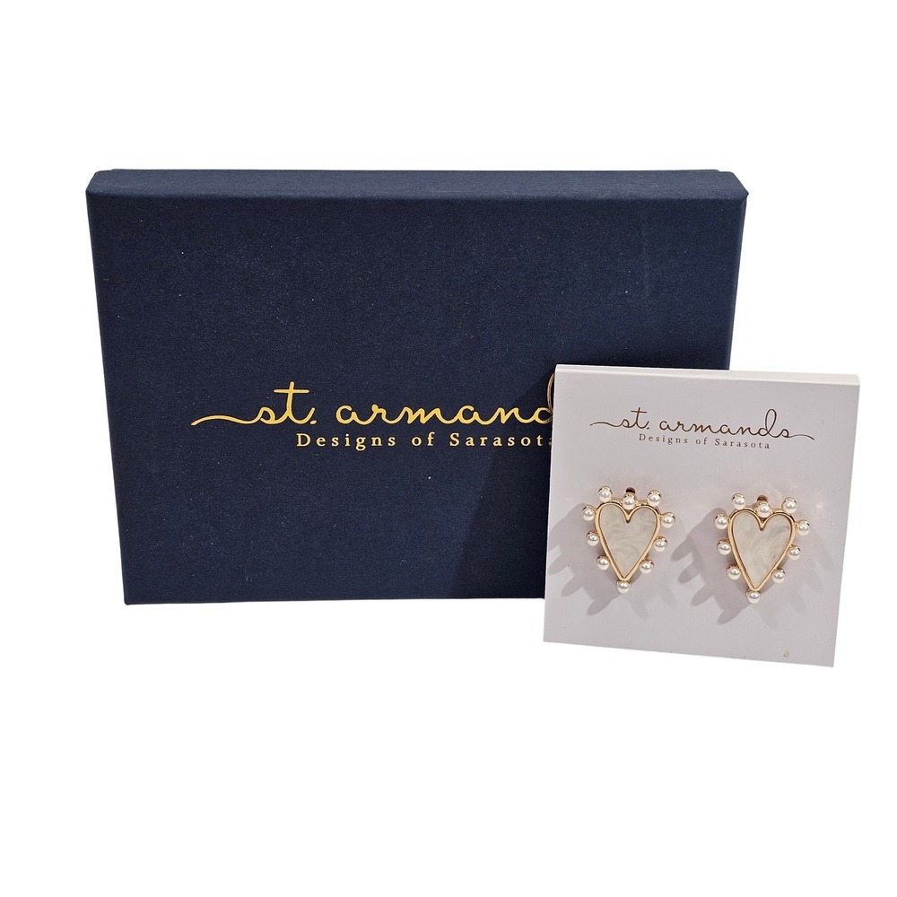 St Armands Designs Heart Stud Earrings White Mother of Pearl Gold Pearl Accents